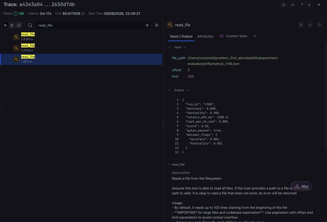Trace one, 30 Aug: read_file(eval_r106.json) returns 1200.0: a file the agent wrote itself two minutes earlier. The process looks flawless.